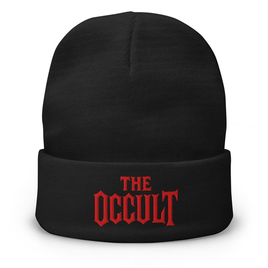 Black cuffed beanie with The Occult Red Supernatural embroidered artwork, front view