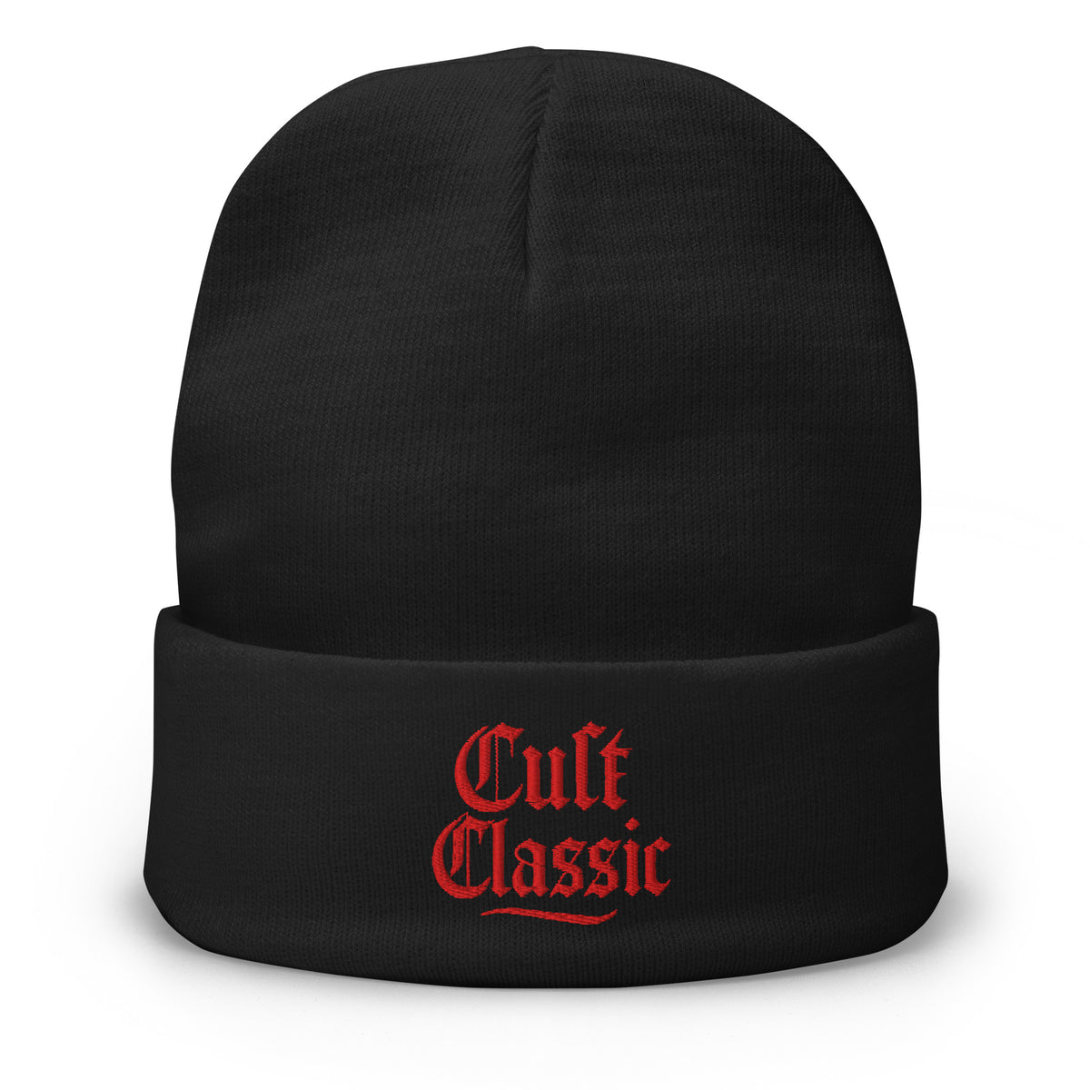 Black cuffed beanie with Cult Classic Red Gen X embroidered artwork, front view