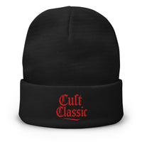 Black cuffed beanie with Cult Classic Red Gen X embroidered artwork, front view