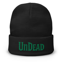 Black cuffed beanie with Undead Zombie Horror embroidered artwork, front view