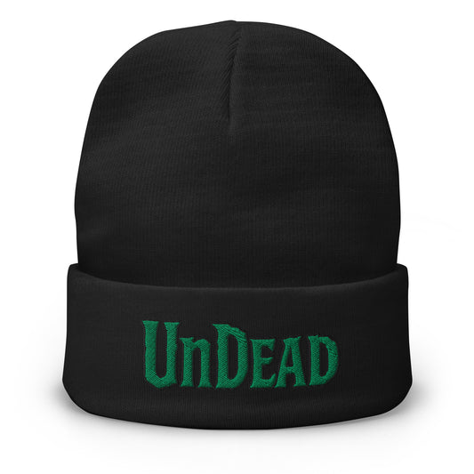 Black cuffed beanie with Undead Zombie Horror embroidered artwork, front view