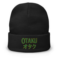 Black cuffed beanie with Otaku オタク embroidered artwork, front view