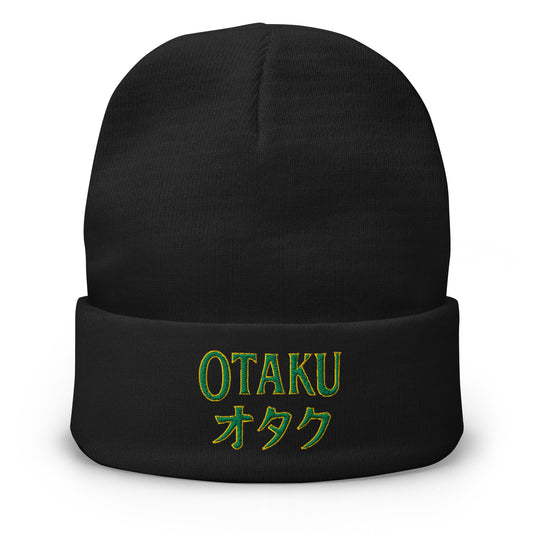 Black cuffed beanie with Otaku オタク embroidered artwork, front view