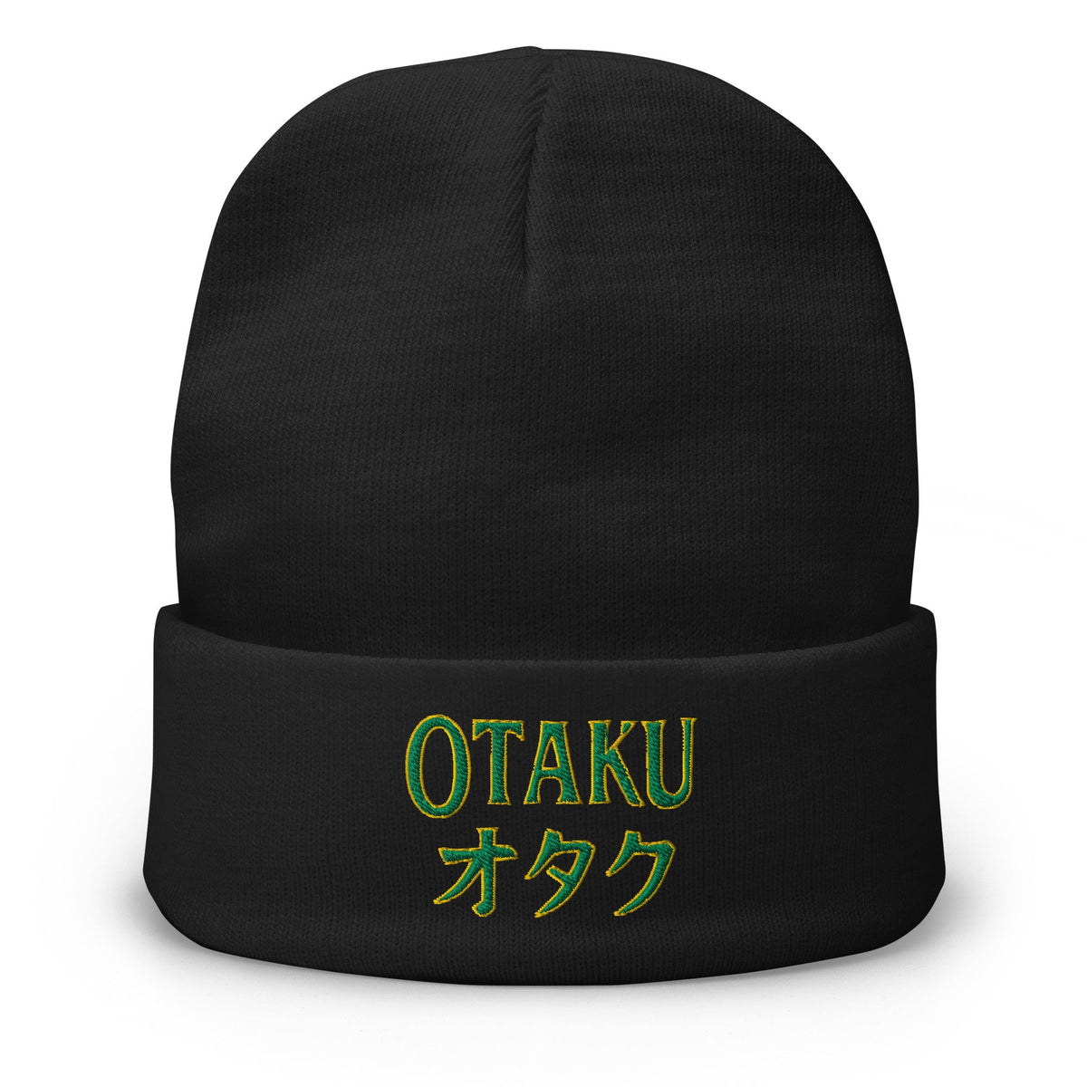 Black cuffed beanie with Otaku オタク embroidered artwork, front view