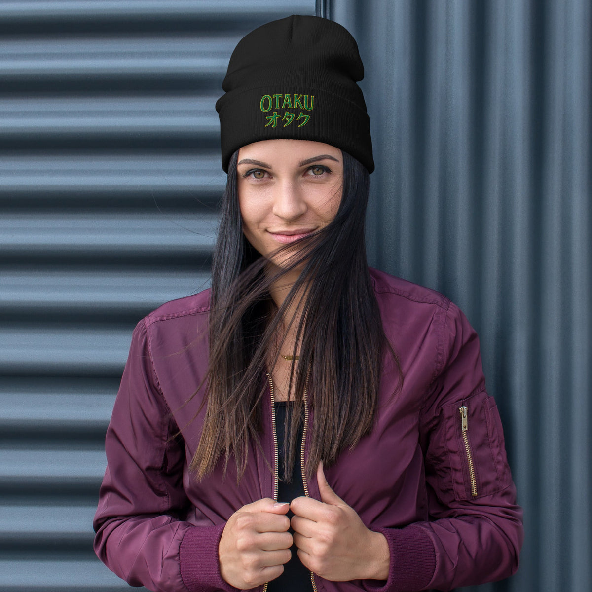 Black cuffed beanie with Otaku オタク embroidered artwork, front view