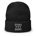 Black cuffed beanie with Otaku オタク Anime embroidered artwork, front view