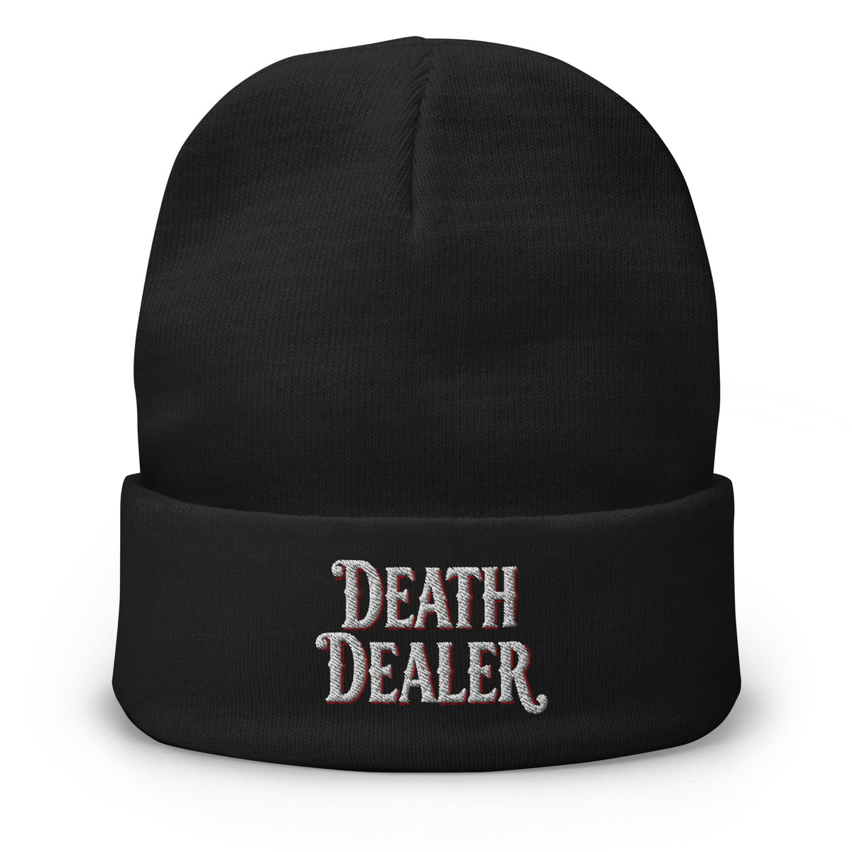 Black cuffed beanie with Death Dealer embroidered artwork, front view