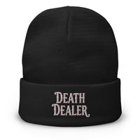 Black cuffed beanie with Death Dealer embroidered artwork, front view