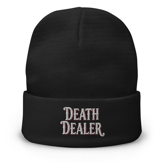 Black cuffed beanie with Death Dealer embroidered artwork, front view