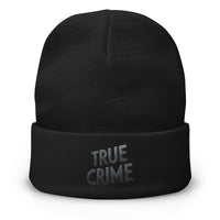 Black cuffed beanie with Detective Style True Crime embroidered artwork, front view