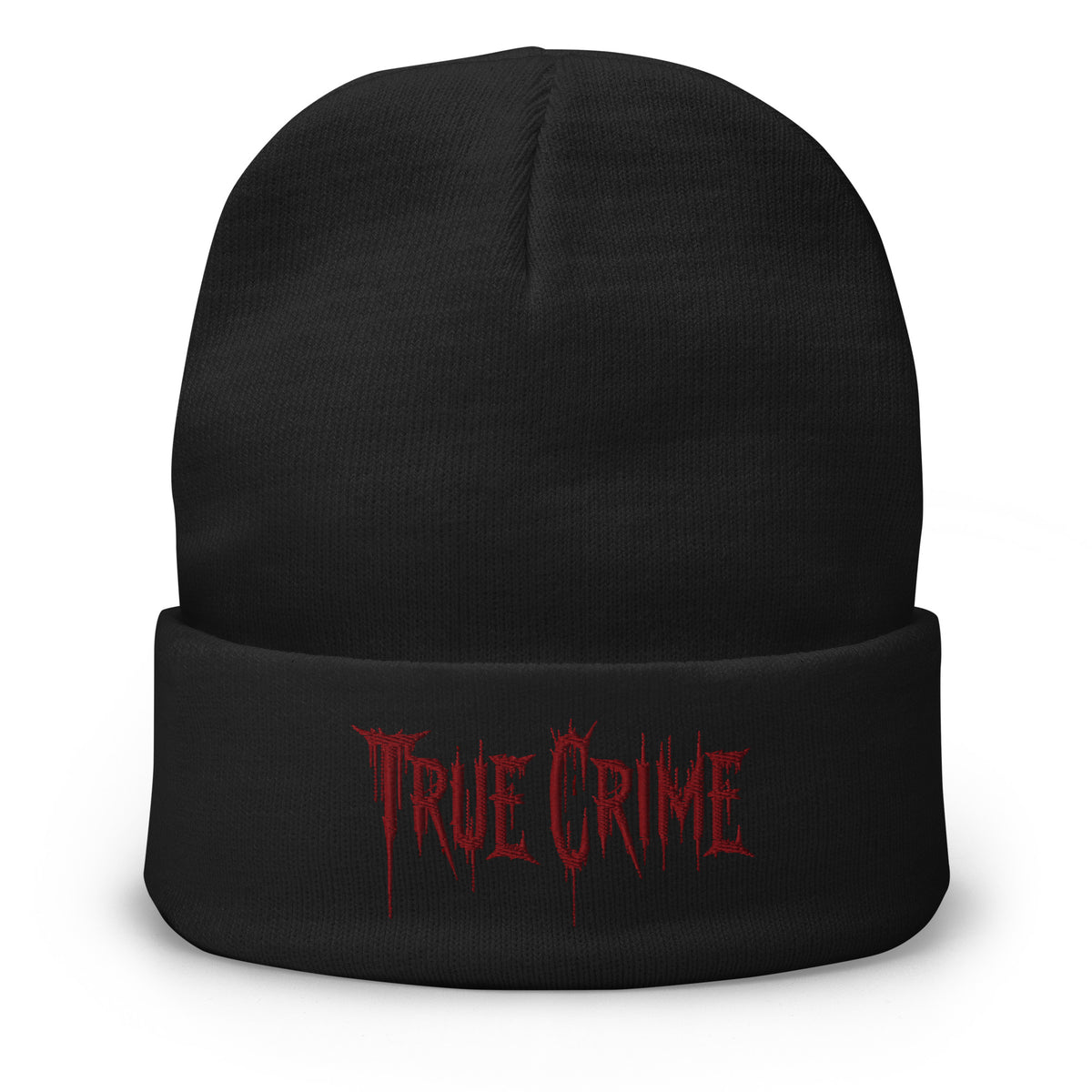Black cuffed beanie with Blood Drip True Crime embroidered artwork, front view