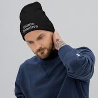 Black cuffed beanie with Online Detective embroidered artwork, front view