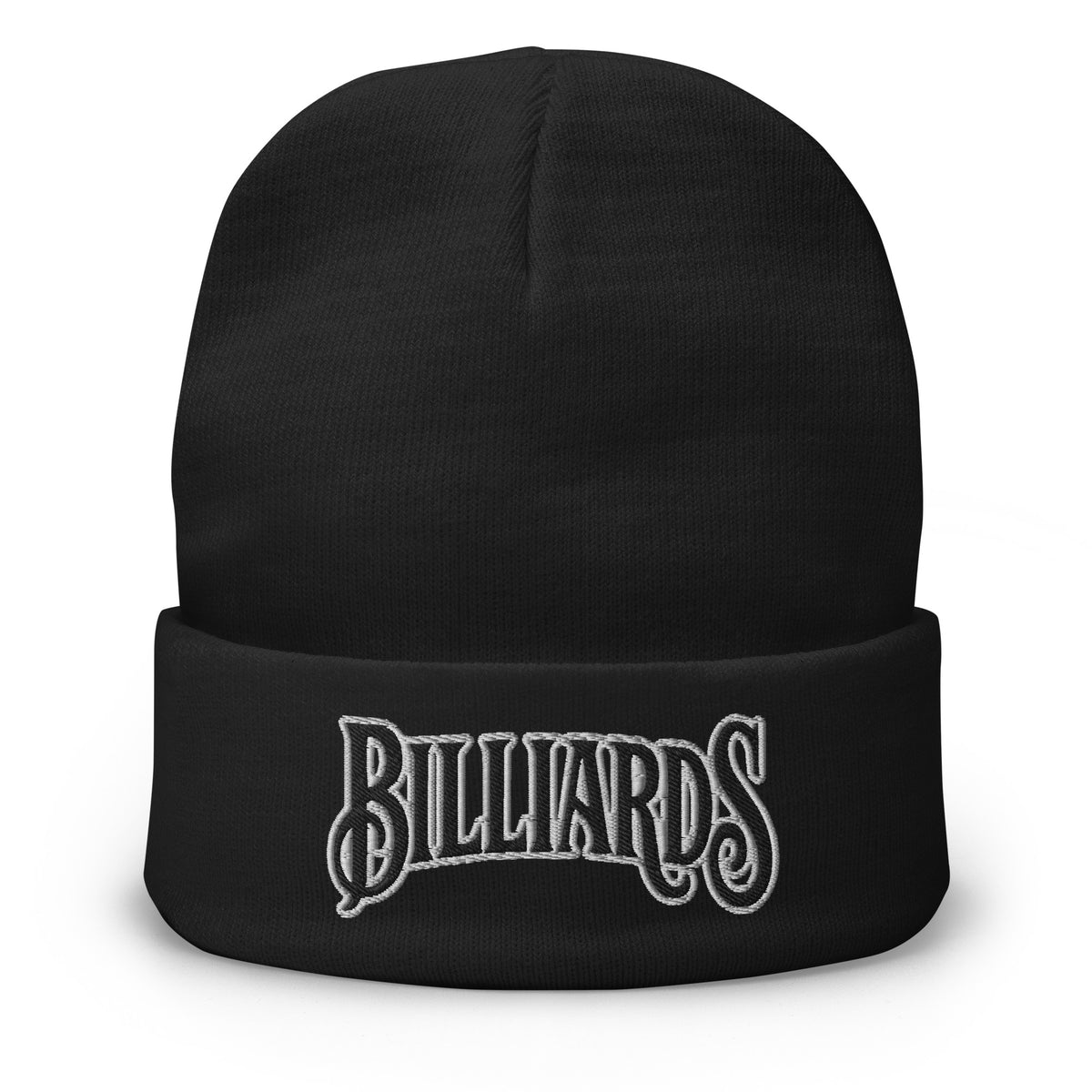 Black cuffed beanie with Billiards Pool Hall embroidered artwork, front view