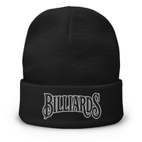 Black cuffed beanie with Billiards Pool Hall embroidered artwork, front view