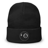Black cuffed beanie with Black 8 Ball Billiards embroidered artwork, front view