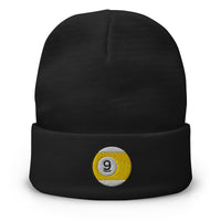 Black cuffed beanie with Nine Ball Line Billiards embroidered artwork, front view