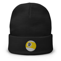 Black cuffed beanie with Nine Ball Billiards embroidered artwork, front view
