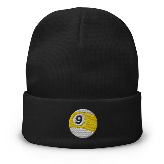 Black cuffed beanie with Nine Ball Billiards embroidered artwork, front view