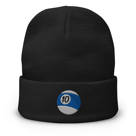 Black cuffed beanie with Ten Ball Billiards embroidered artwork, front view