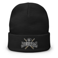 Black cuffed beanie with Billiards 8 Ball embroidered artwork, front view