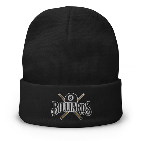 Black cuffed beanie with Billiards 8 Ball embroidered artwork, front view