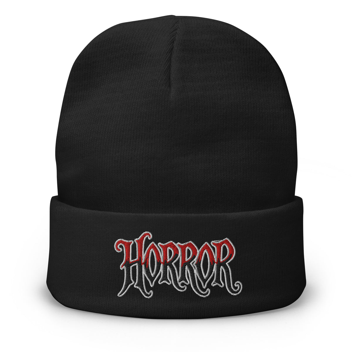 Black cuffed beanie with HORROR House of Horrors Blood Drip embroidered artwork, front view