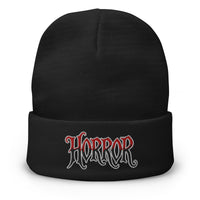 Black cuffed beanie with HORROR House of Horrors Blood Drip embroidered artwork, front view