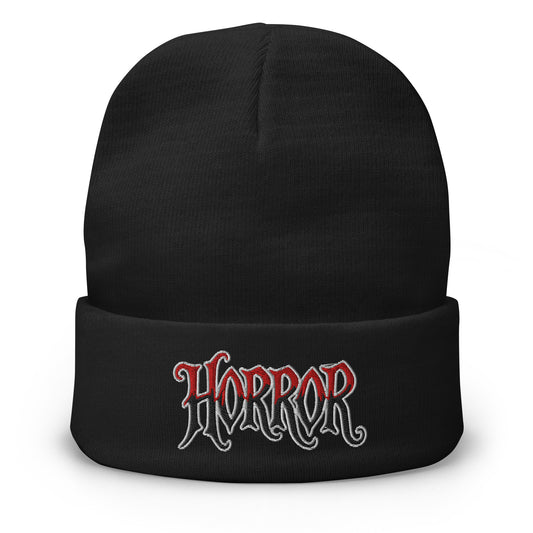 Black cuffed beanie with HORROR House of Horrors Blood Drip embroidered artwork, front view