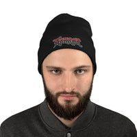 Black cuffed beanie with HORROR House of Horrors Blood Drip embroidered artwork, front view
