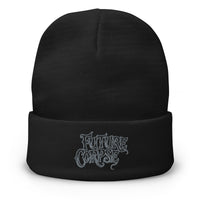 Black cuffed beanie with Future Corpse Horror Funeral embroidered artwork, front view