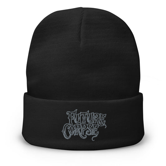 Black cuffed beanie with Future Corpse Horror Funeral embroidered artwork, front view