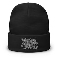 Black cuffed beanie with Future Corpses Horror embroidered artwork, front view