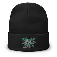 Black cuffed beanie with Freak Show Horror Carnival embroidered artwork, front view