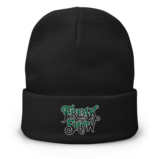 Black cuffed beanie with Freak Show Horror Carnival embroidered artwork, front view