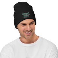 Black cuffed beanie with Freak Show Horror Carnival embroidered artwork, front view