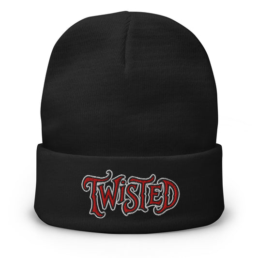 Black cuffed beanie with Twisted Horror Carnival embroidered artwork, front view