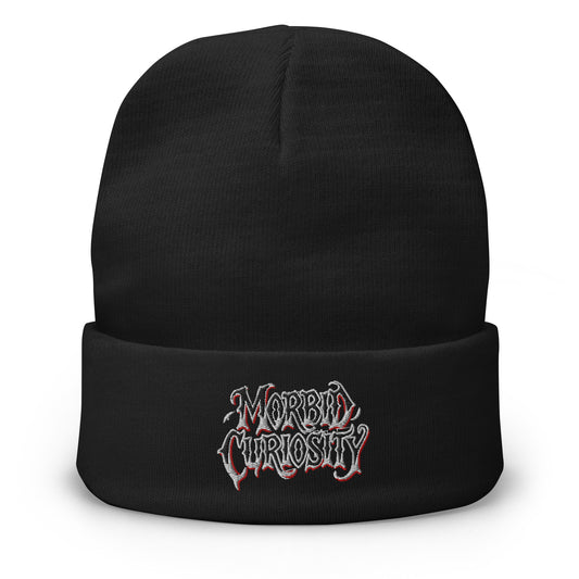 Black cuffed beanie with Morbid Curiosity Horror embroidered artwork, front view