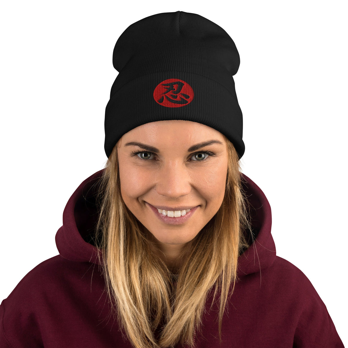 Black cuffed beanie with Endure Kanji 忍 (Nin) embroidered artwork, front view