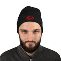 Black cuffed beanie with Endure Kanji 忍 (Nin) embroidered artwork, front view