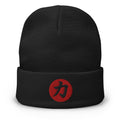 Black cuffed beanie with Power Kanji 力 (Chikara) embroidered artwork, front view