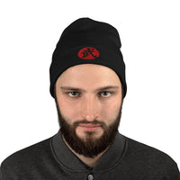Black cuffed beanie with Warrior Kanji 武 (Bu) embroidered artwork, front view