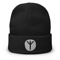 Black cuffed beanie with Algiz Rune embroidered artwork, front view