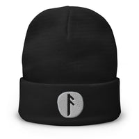 Black cuffed beanie with Ansuz Rune embroidered artwork, front view