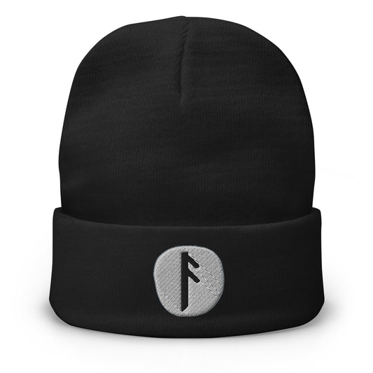 Black cuffed beanie with Ansuz Rune embroidered artwork, front view
