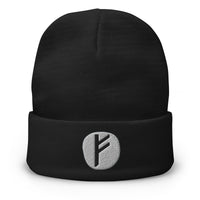 Black cuffed beanie with Fehu Rune embroidered artwork, front view