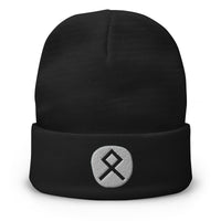 Black cuffed beanie with Othala Rune embroidered artwork, front view
