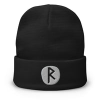 Black cuffed beanie with Raidho Rune embroidered artwork, front view