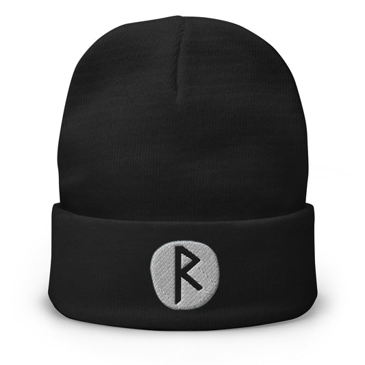Black cuffed beanie with Raidho Rune embroidered artwork, front view