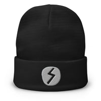 Black cuffed beanie with Sowilo Rune embroidered artwork, front view