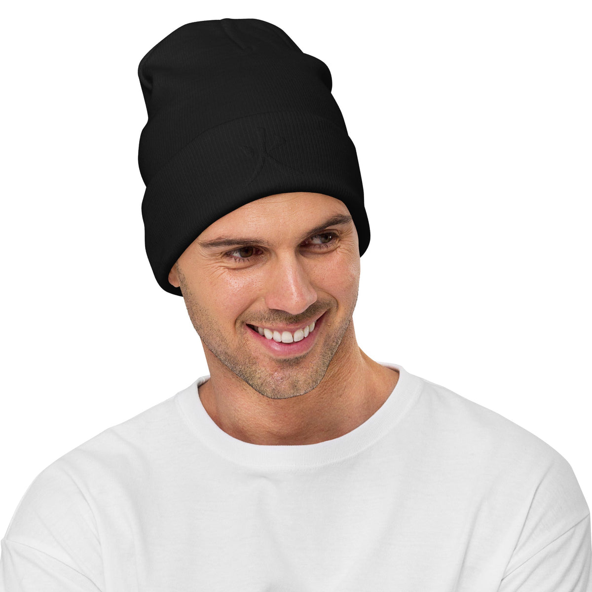 Black cuffed beanie with Fire Kanji Symbol (火) embroidered artwork, front view